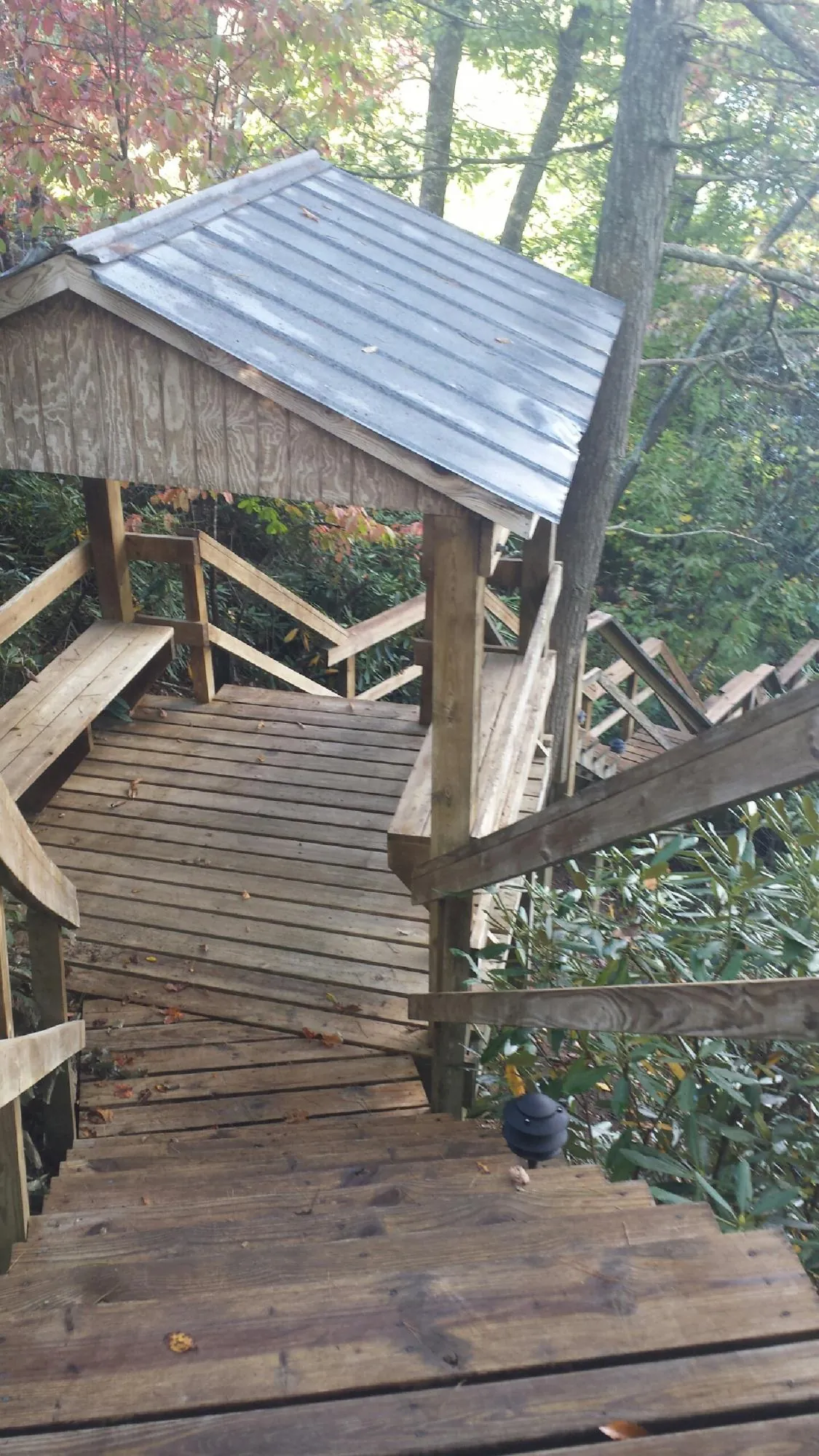 Metal roofed shelter over wooden steps on a wooded walkway — Skylight Repair & Installation work by our crew in La Grande